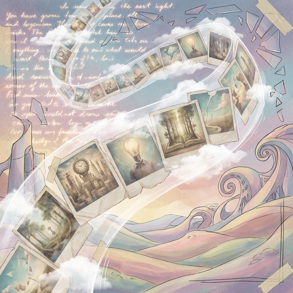 Surreal illustration of instant photos spiraling through a pastel sky with handwritten script.