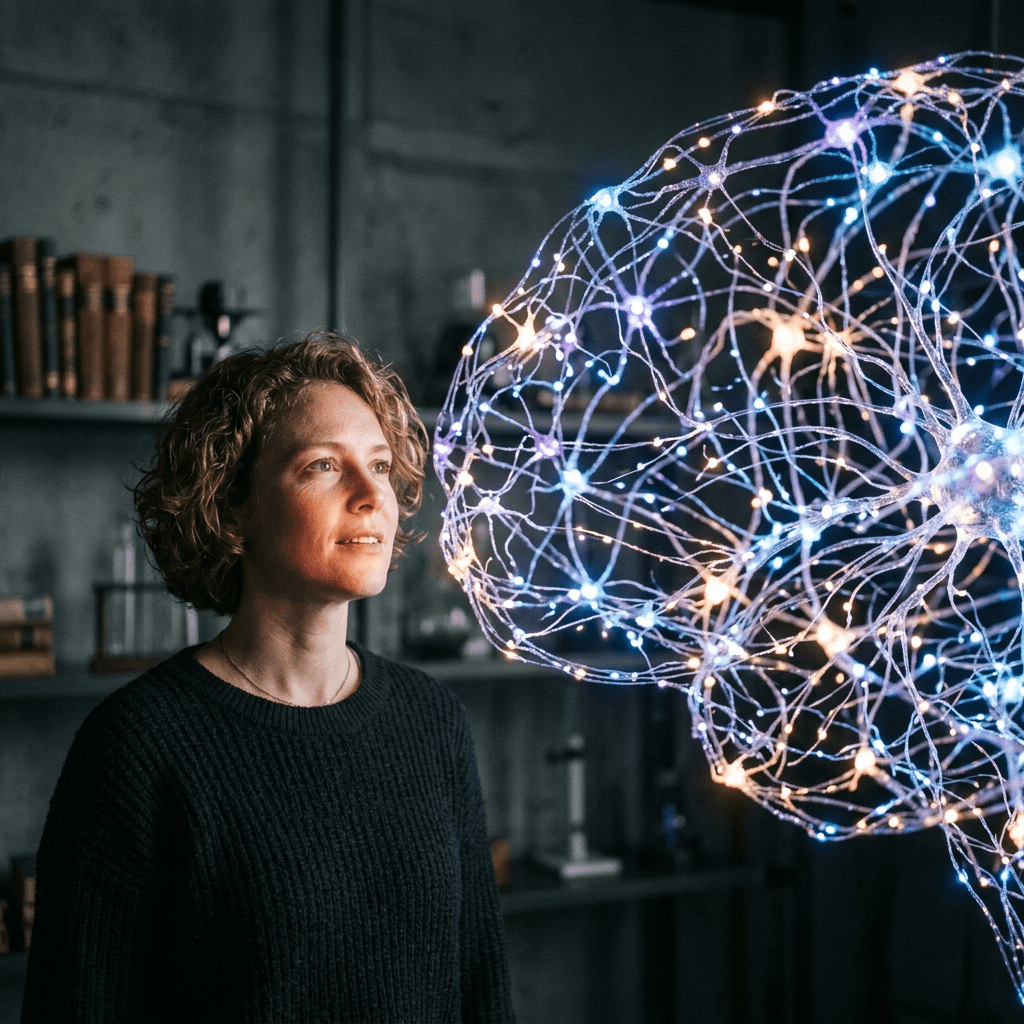 Person looking at illuminated neural network brain model